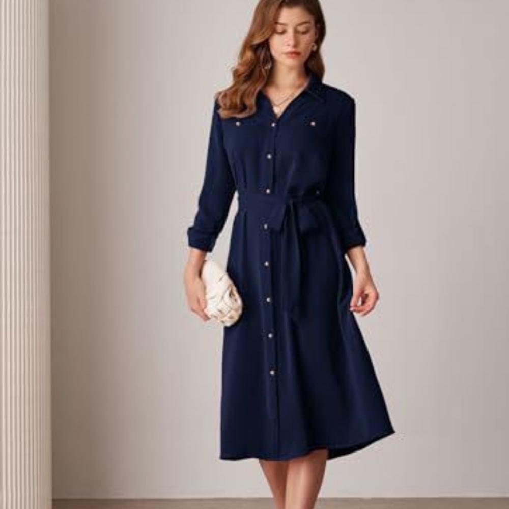 GRACE KARIN Navy Blue Shirt Dress MEDIUM